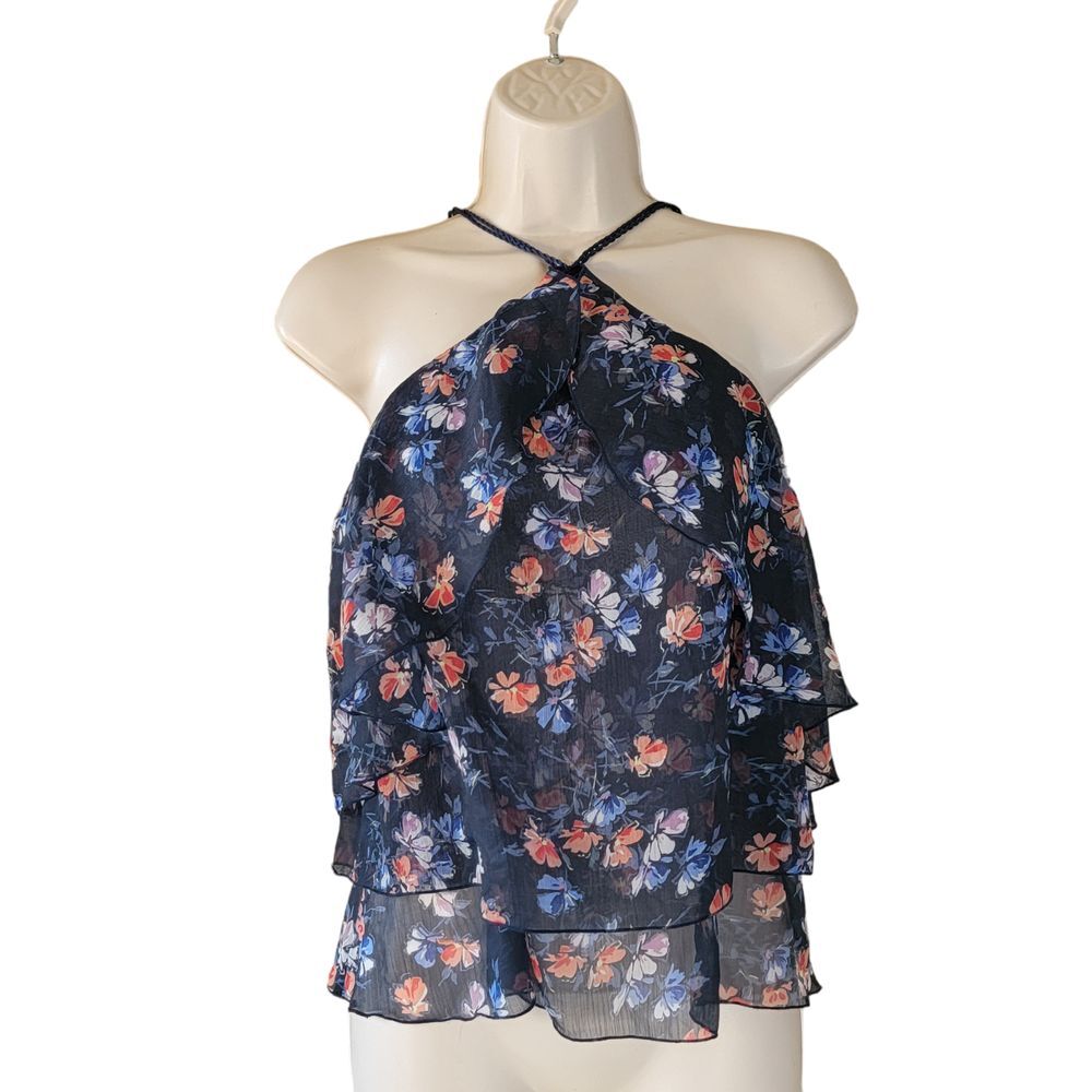 Abercrombie &‎ Fitch Size XS Blue Floral Chiffon Halter Crop Top Ruffle